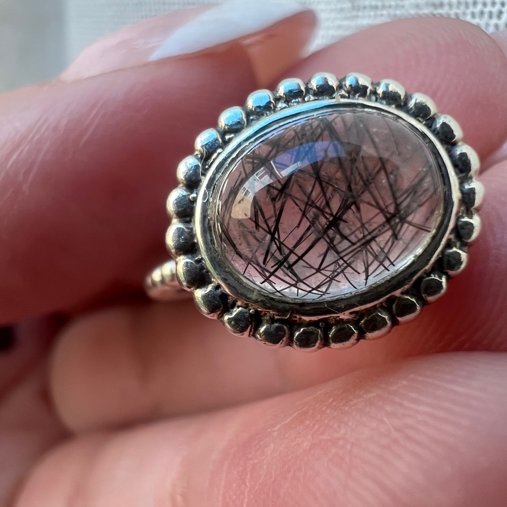 Sterling Silver Black Rutilated Quartz Oval Ring - Pink-Toned Stone